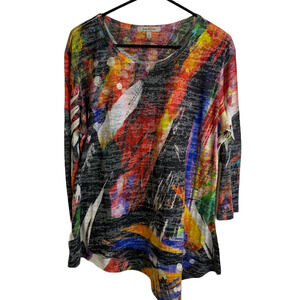Jess and Jane Tunic Top Womens Large Shirt Multi Abstract Burnout Rhinestones